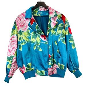 VTG Album by Kenzo (P XS) Made in Japan Floral Satin Bomber Jacket Acetate